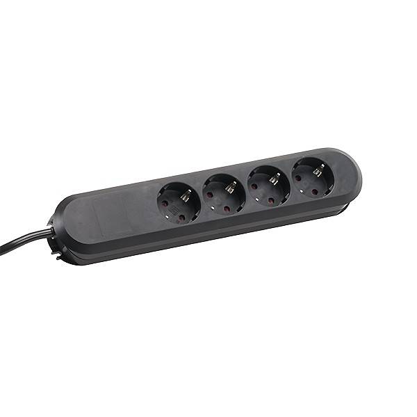 A black power strip with four Schuko-type socket outlets, suitable for connecting multiple electrical devices.
