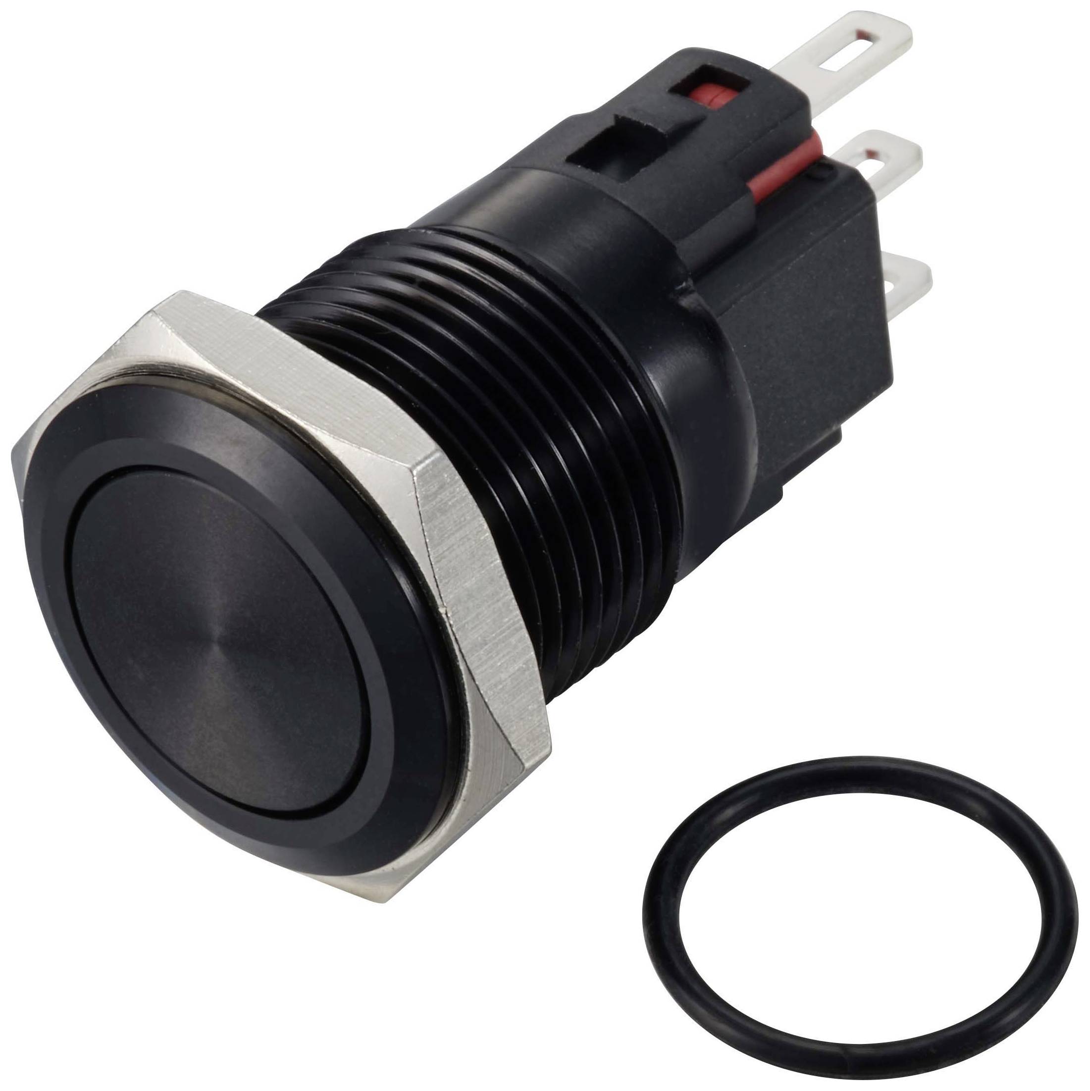 Black push button with round stainless steel bezel and separate sealing ring, suitable for electronic applications and controls.