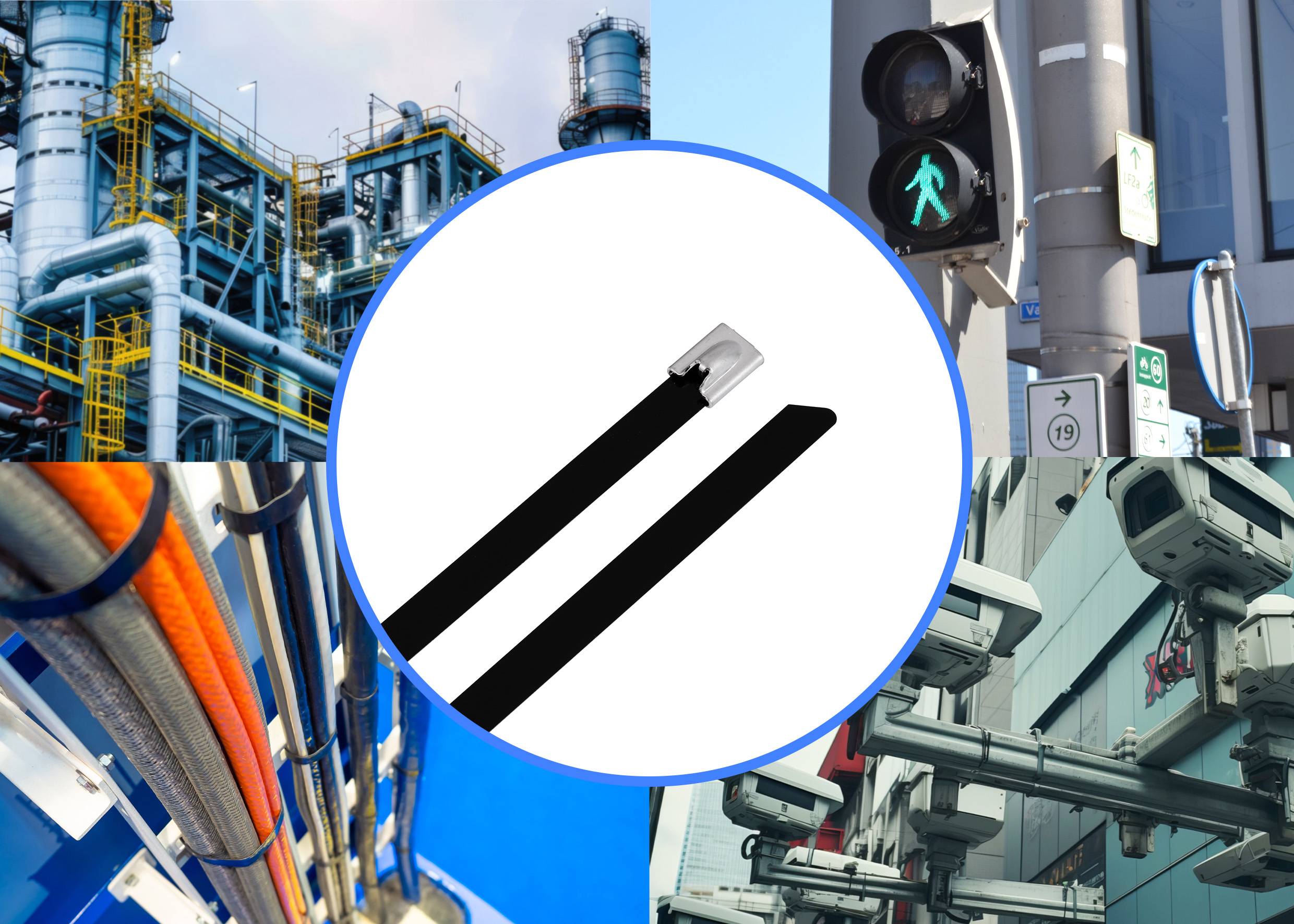 'Metal cable tie' in the middle, surrounded by industrial facilities, a green traffic light, cables, and surveillance cameras.