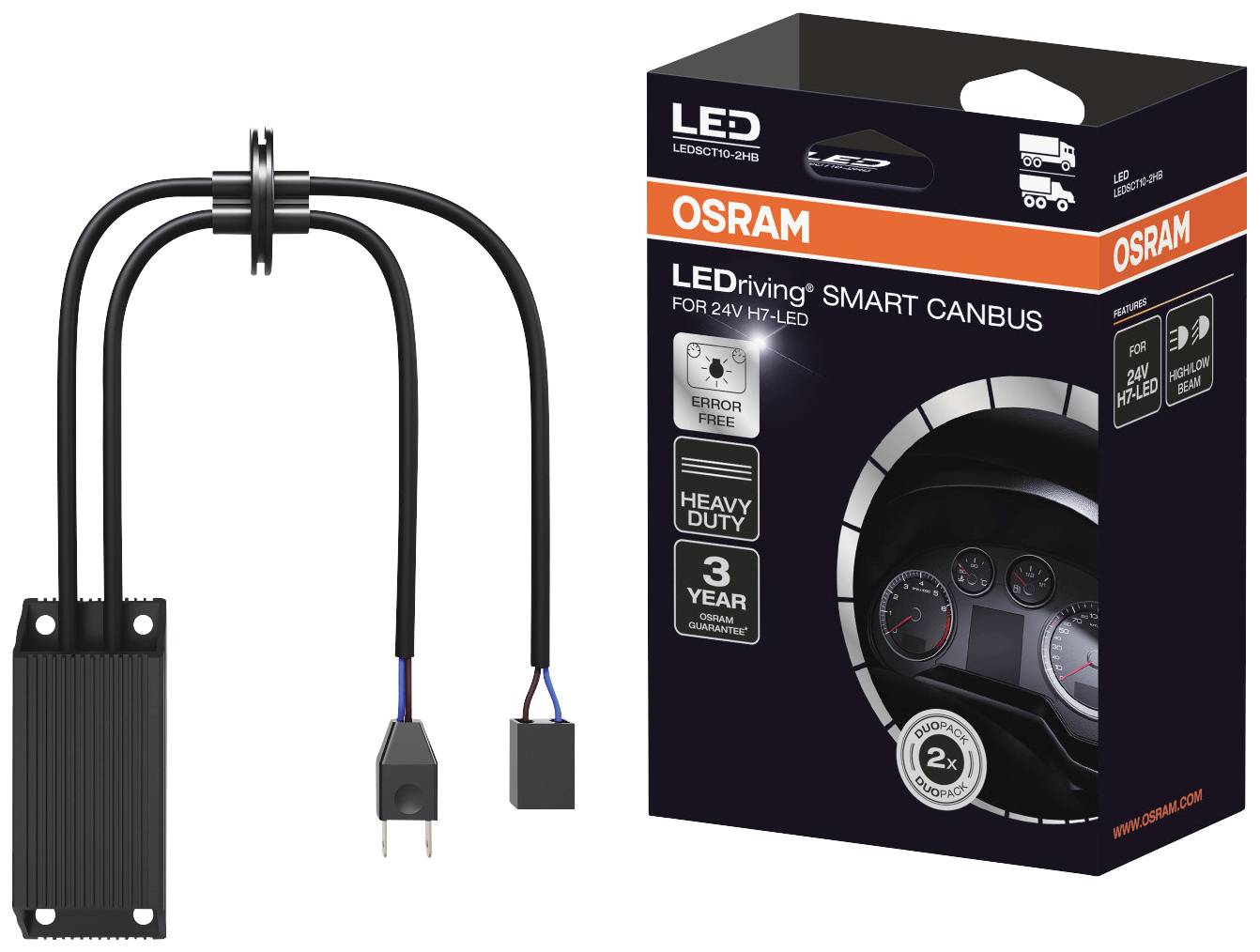 A Osram LED vehicle accessory with packaging. On the packaging it reads: 'LEDdriving SMART CANBUS', 'error free', 'heavy duty', '3 year warranty'.