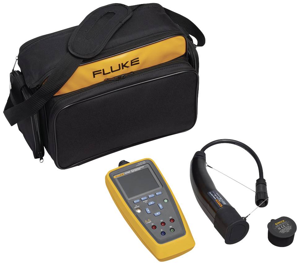 A yellow measuring device, a sensor and a black carry case with the 'FLUKE' inscription on a yellow background, for temperature measurement.