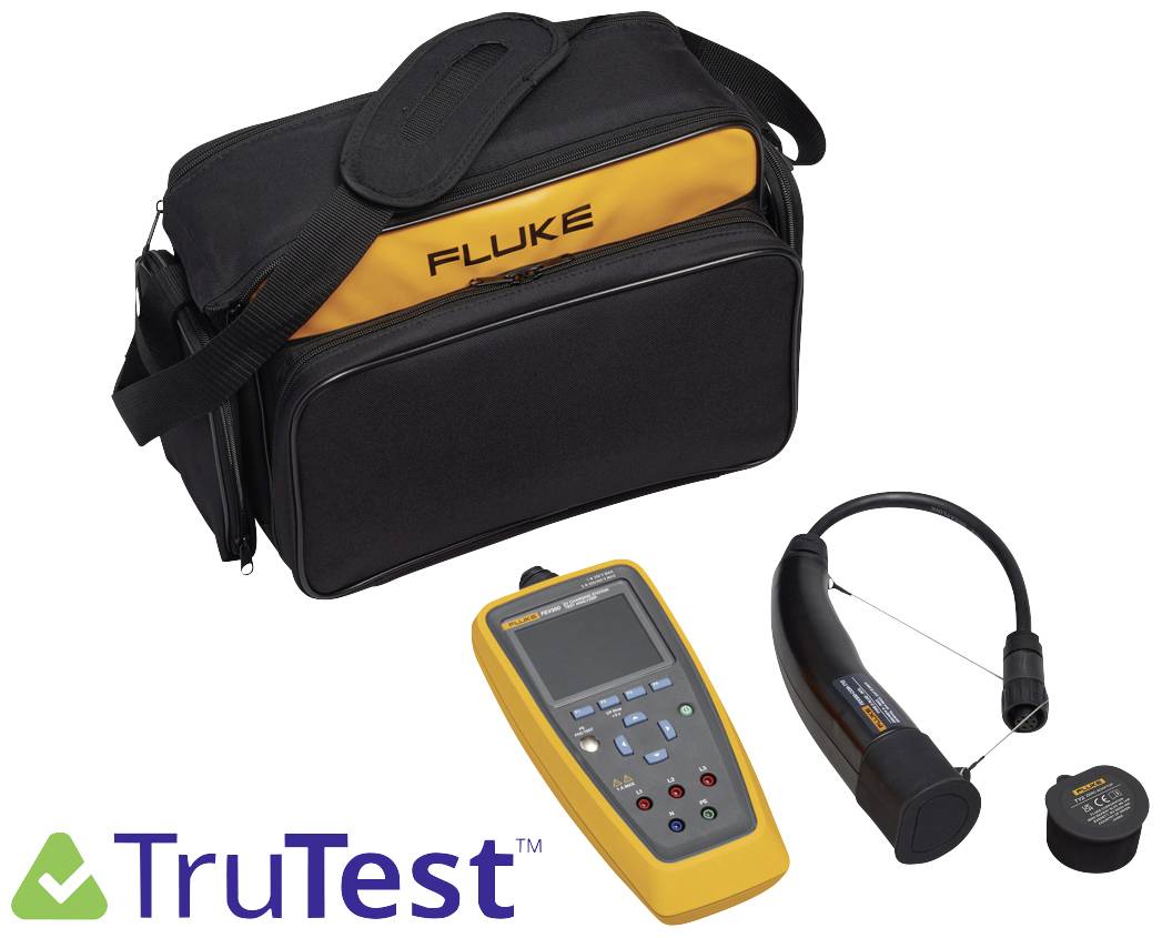 A black bag with the inscription 'Fluke', a yellow electronic measuring device and another device with a cable. 'TruTest' logo visible.