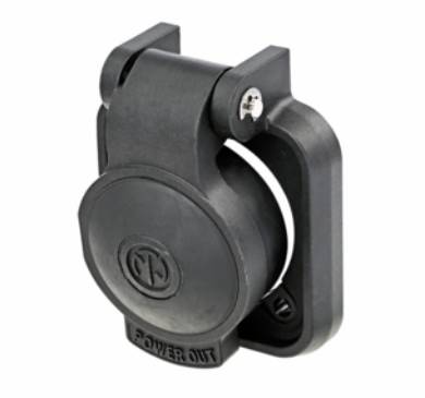 A black plastic socket cover with the inscription 'POWER OUT', suitable for outdoor use.