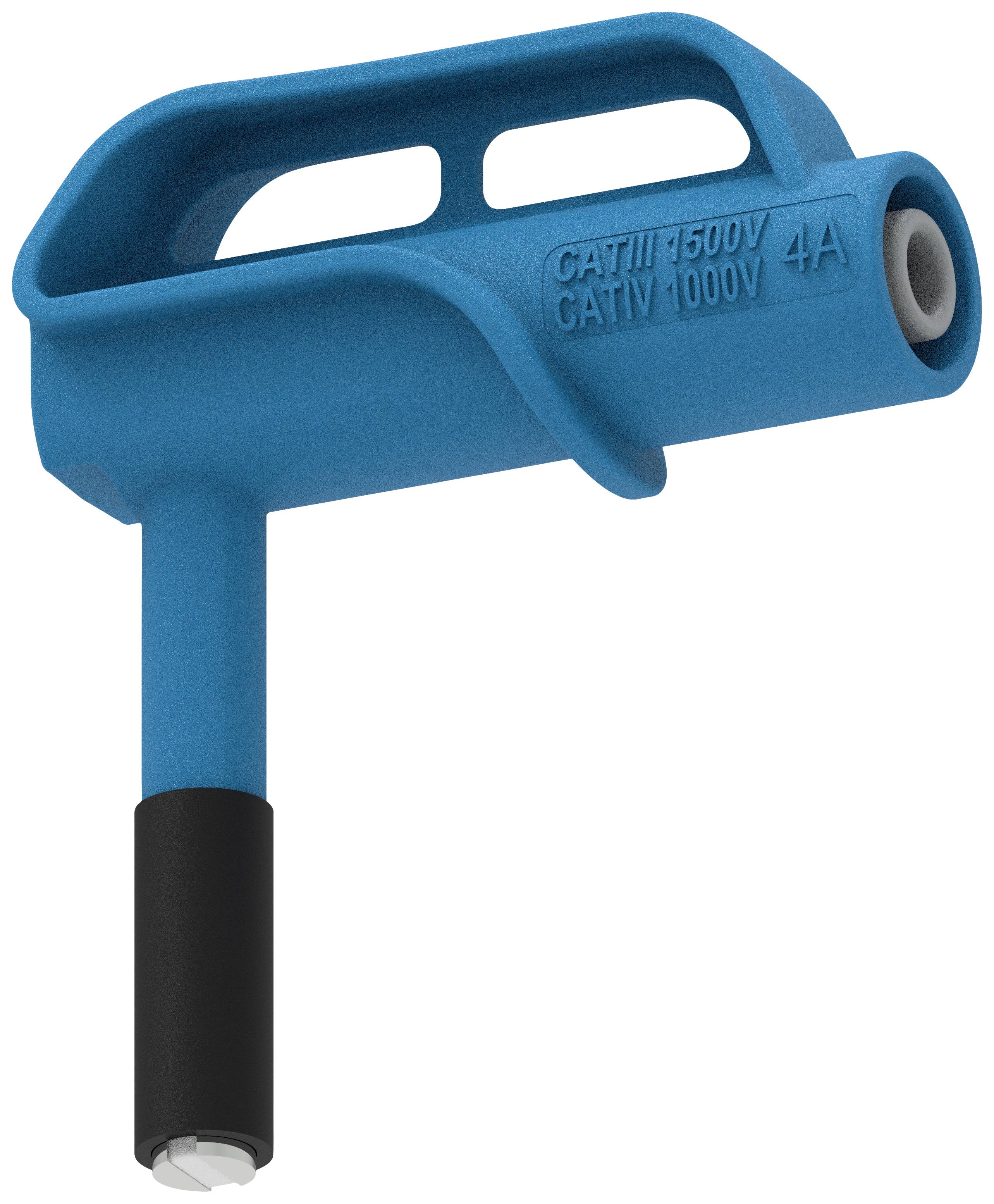 Blue insulation plug, typically used for electrical measuring instruments, printed with 'CAT III 1500V, CAT IV 1000V, 4A'.