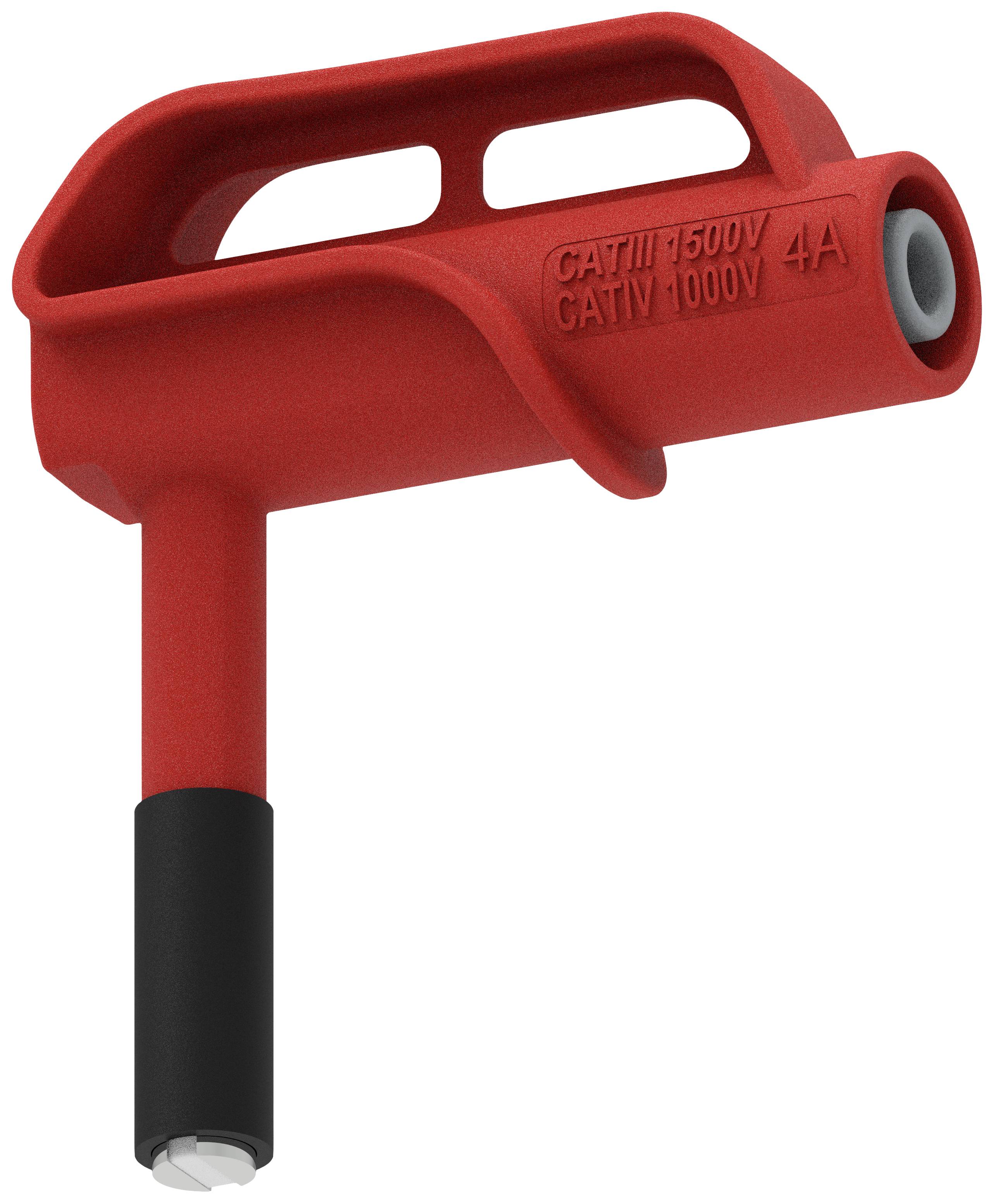 Red isolated electrical test probe attachment, marked with 'CAT III 1500V' and 'CAT IV 1000V 4A', suitable for high voltages.