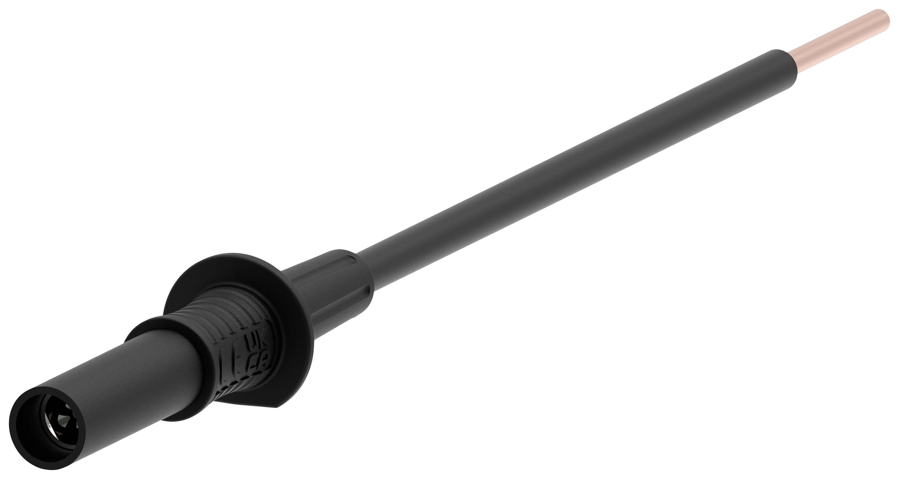 A black solar connector cable with a copper tip, used for connecting solar modules.
