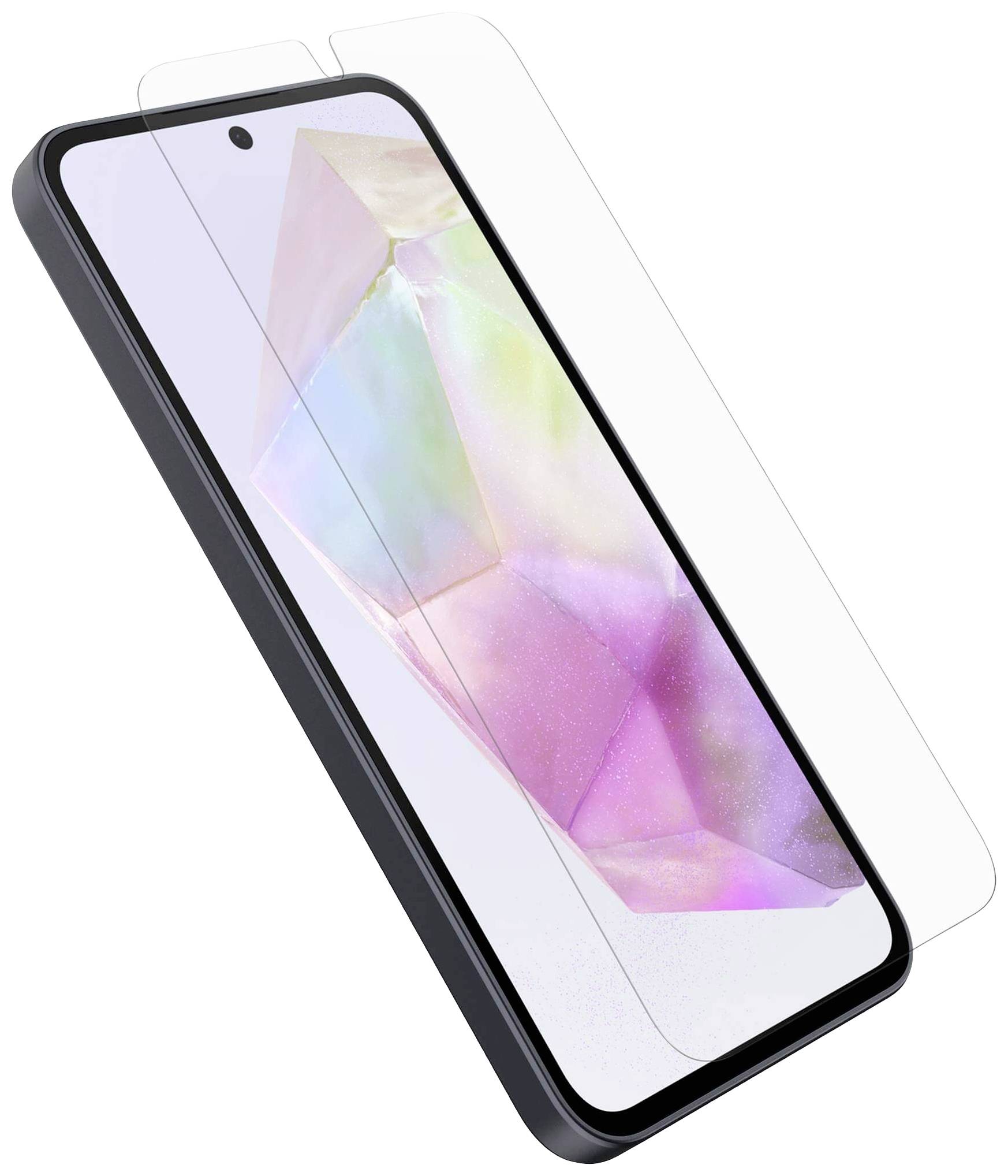 Smartphone with a colourful display and transparent protective film that shields the device from scratches.