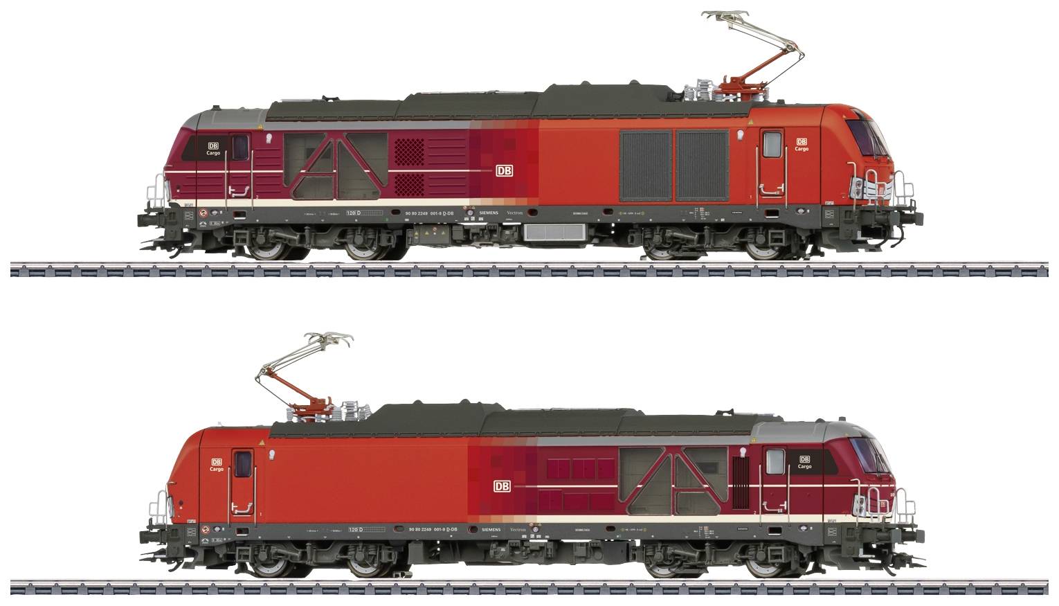 Two red electric locomotives on tracks, side view. Top with pantograph down, bottom with pantograph up.