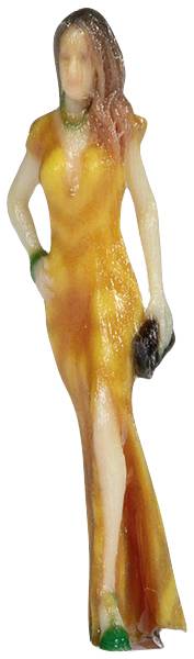 A figure of a woman in a long, elegant orange dress, with green accessories and a black handbag.