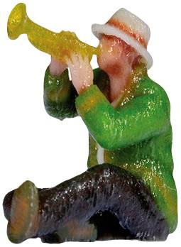 A small figurine of a seated man in a green coat and hat, playing the trumpet.