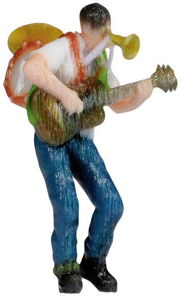 A small figurine of a musician playing the trumpet while holding a guitar. The musician is wearing blue jeans.
