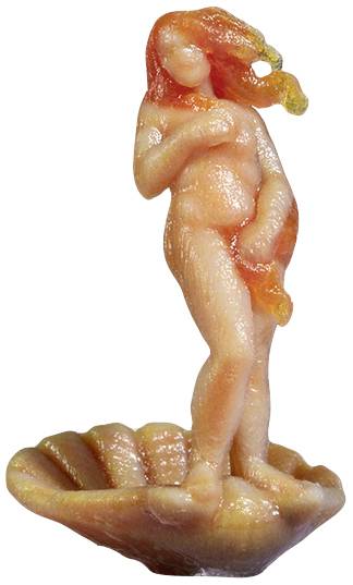 A miniature human figurine stands on a seashell. The figure has long hair and displays a classical art style.