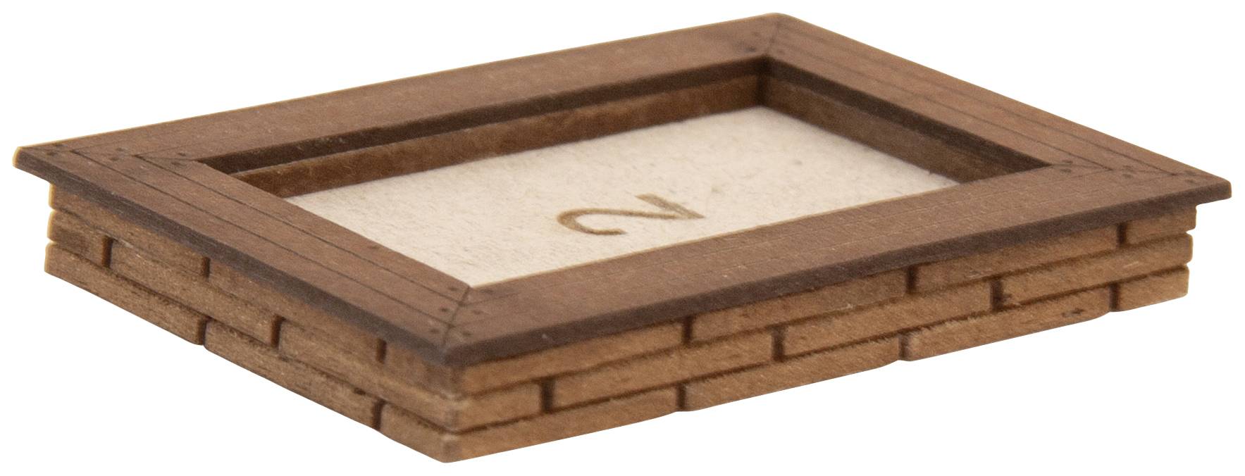 Rectangular, brown wooden frame, lying flat, with a number '2' on a beige insert paper.