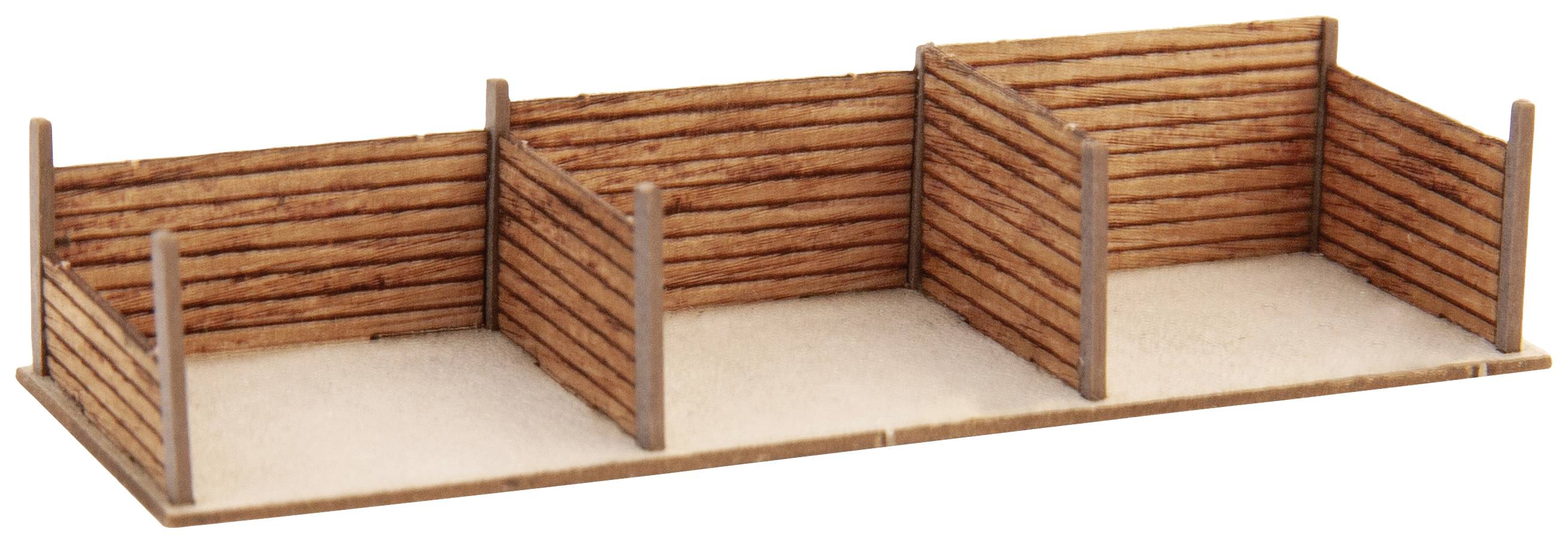 Model of a wooden stable with four stalls, light floor and wooden-coloured walls.