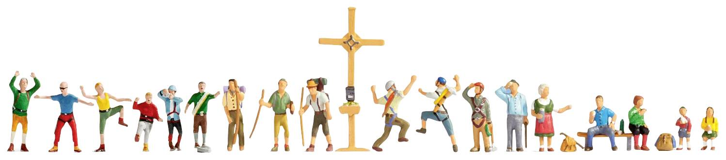 Numerous people engaging in various leisure activities gather around a large wooden summit cross in the mountains.