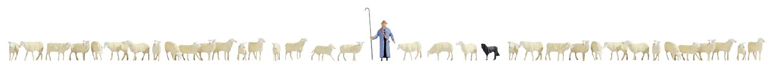 A long line of sheep with a shepherd in the middle, holding a shepherd's crook. A single black dog stands beside the shepherd.