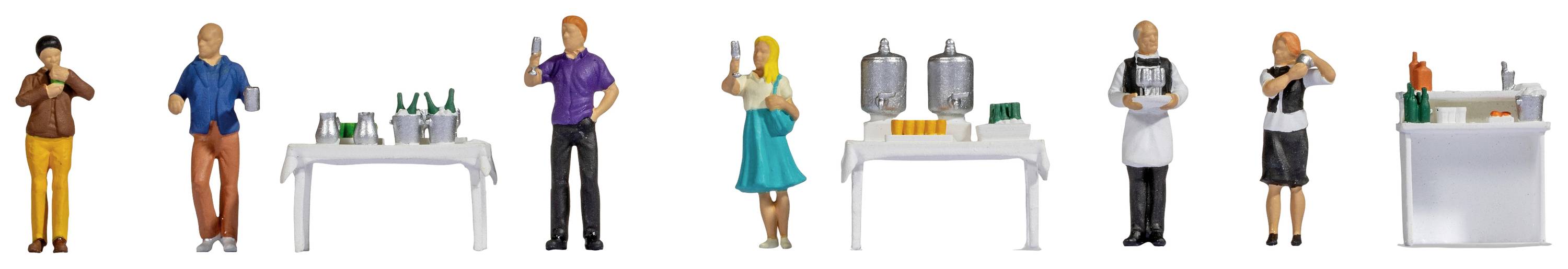 Seven miniature figures stand behind tables with drinks and brewing equipment, depicting a brewing process.
