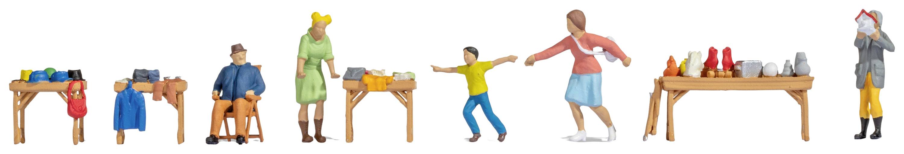 A scene shows model figures at tables. On the left, a figure is sewing with a sewing machine, while on the right, a figure is dealing with goods.