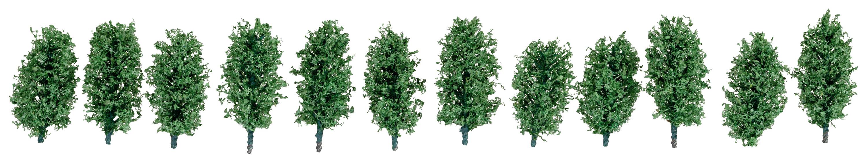 A row of evenly distributed, small, green model trees on a white background.