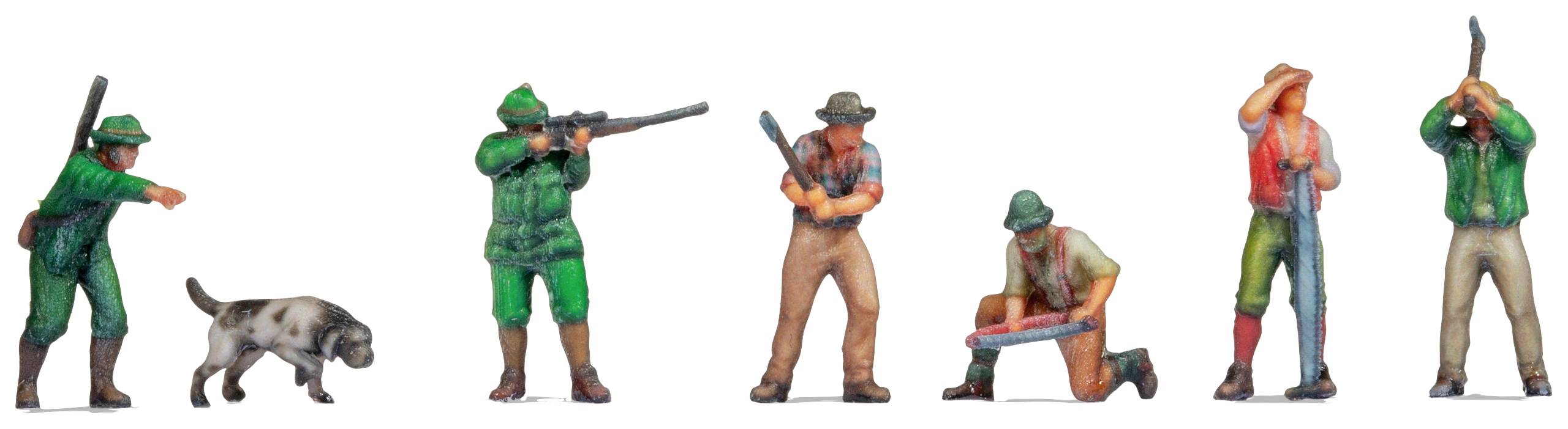Six model figures of hunters in different poses, some with rifles and a dog. They are vividly painted.