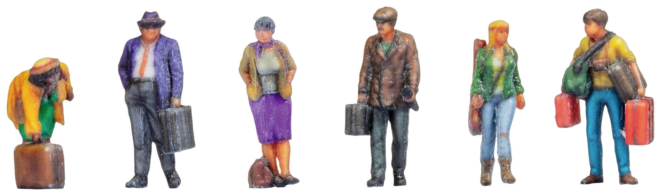 Six miniature figures stand side by side, all carrying suitcases and dressed in different colours. They appear to be about to set off on a journey.