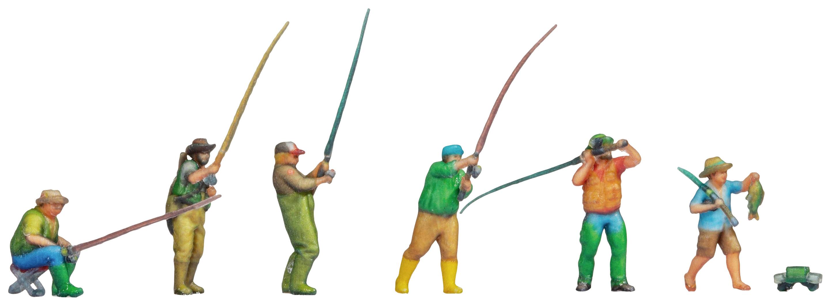 Six colourful, stylised figures fishing; five are holding fishing rods, one is carrying a fish.