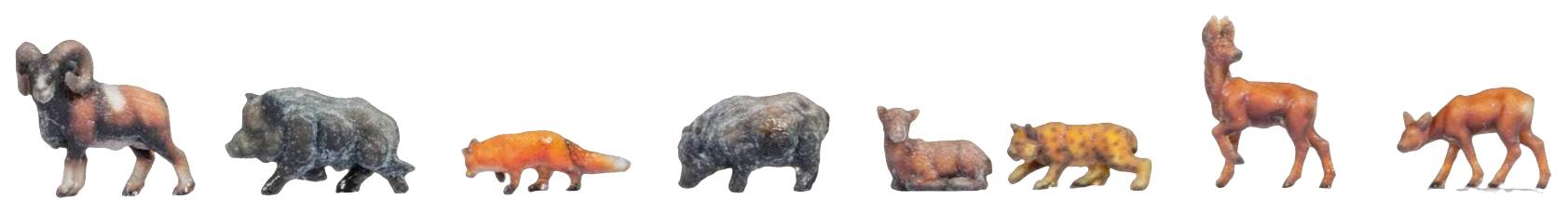 A range of animal figurines: ibex, wild boar, fox, bear, roe deer, tiger, giraffe, deer. They are made of plastic and in vibrant colours.