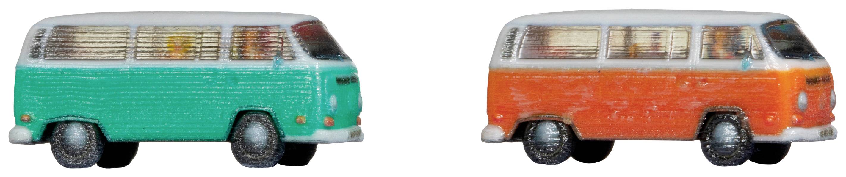 Two colourful model cars in a retro style: on the left a green one, on the right an orange one. Both shown from the side, against a white background.