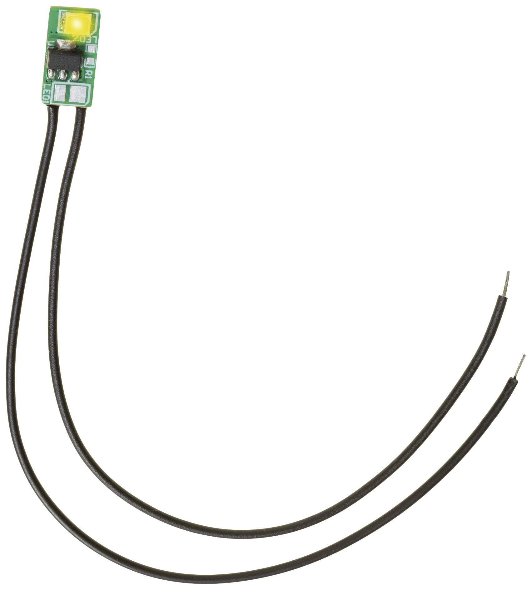 Green electronic circuit with a yellow LED and two black cables serving as power supply.