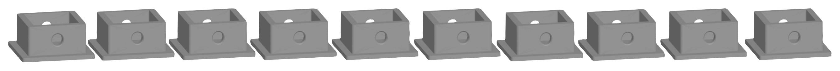 Ten identical grey plastic clips arranged in a row, each with a round indentation and a hole for attachment.