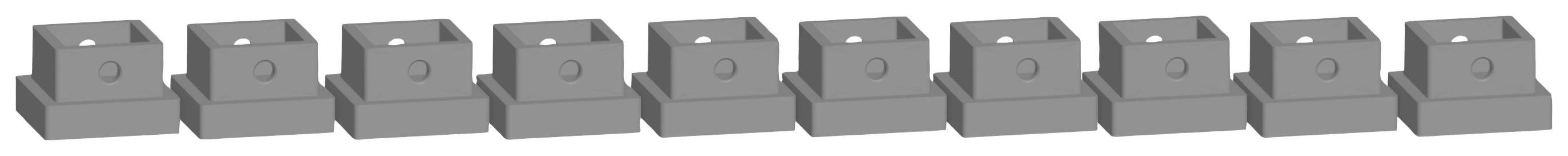 Nine identical grey plastic clips lined up in a row on a white background.