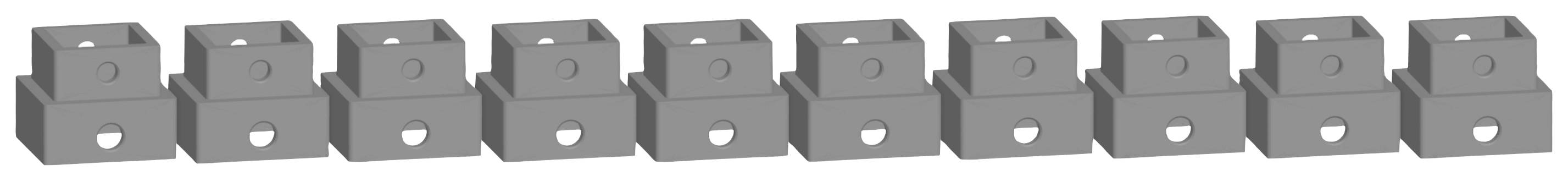 Ten grey metal angles in a row, each with a mounting hole in the centre. Used for fastening or connecting.