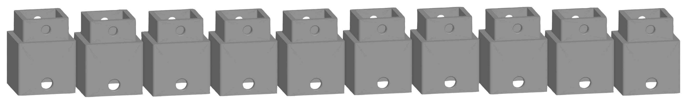 Eight uniform grey metal angles, lined up side by side, with holes for screws. They are suitable for construction or assembly purposes.