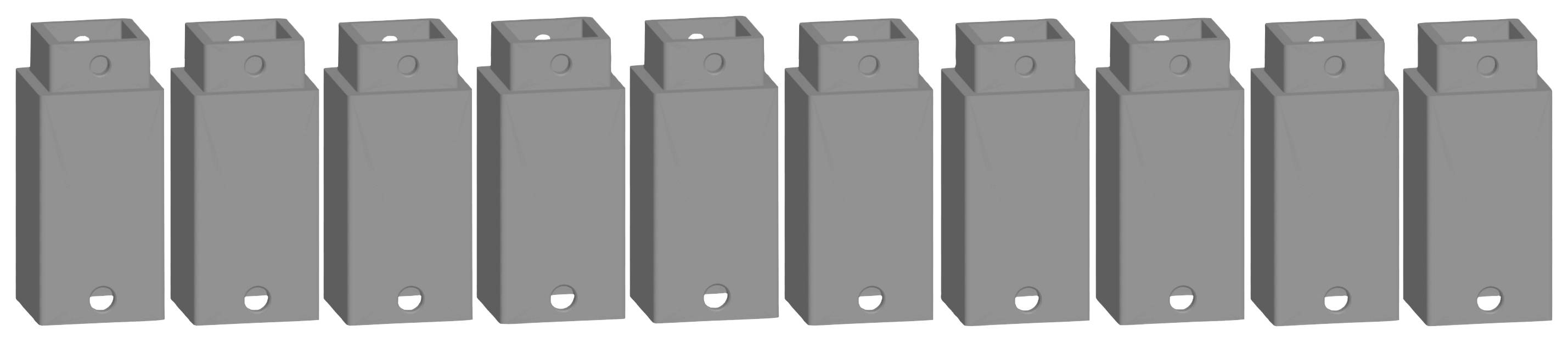 A row of ten grey clips, arranged side by side. Each clip has a rectangular shape with rounded edges and a hole at the bottom end.