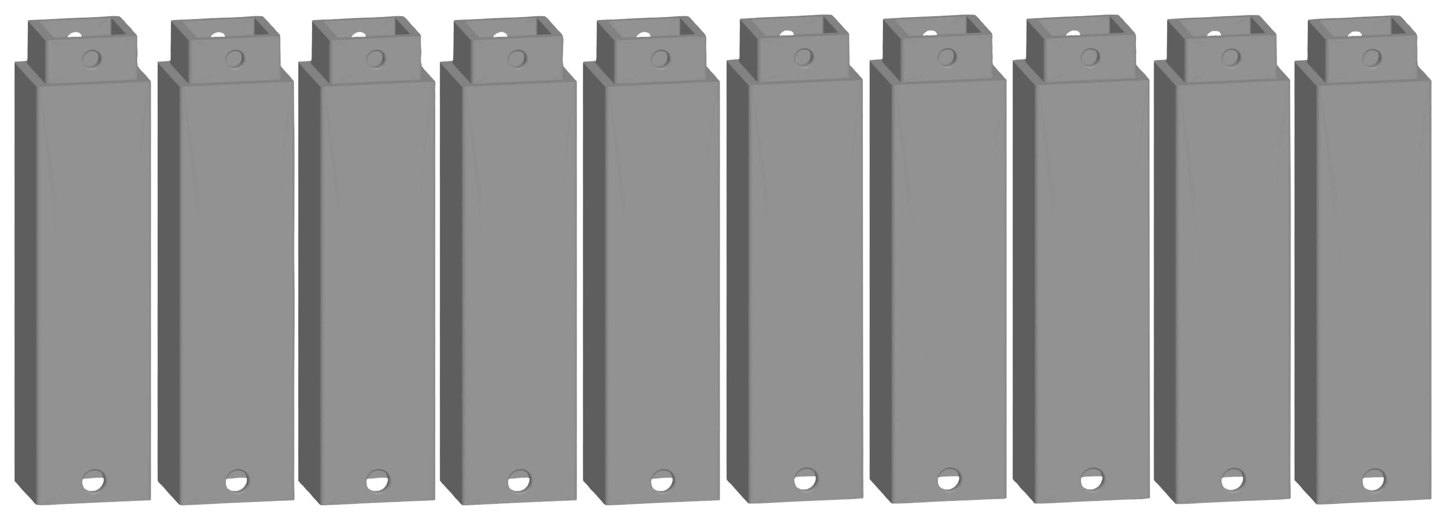 Ten identical, grey, vertical metal bars with a rectangular shape, evenly arranged side by side.