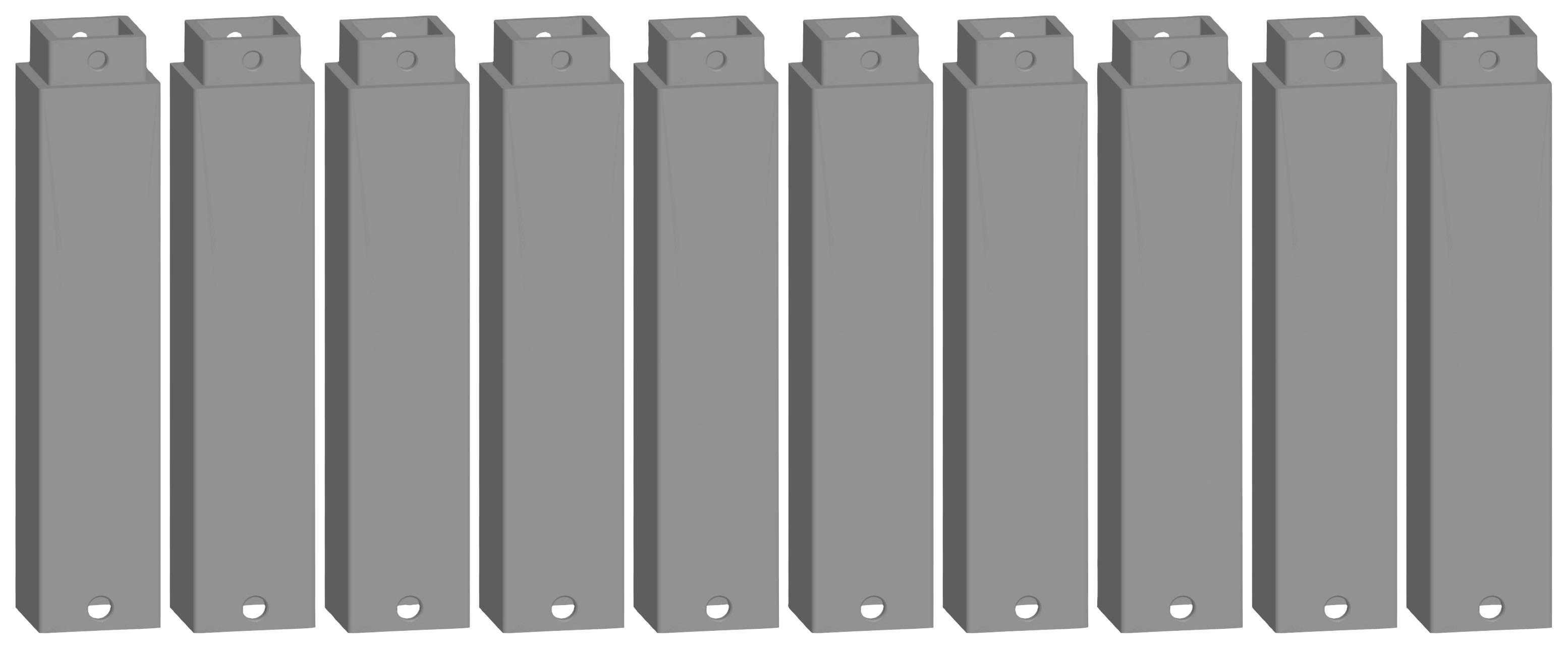 Nine identical, upright grey metal supports with rectangular shape and drilled holes at the ends, arranged in a row.