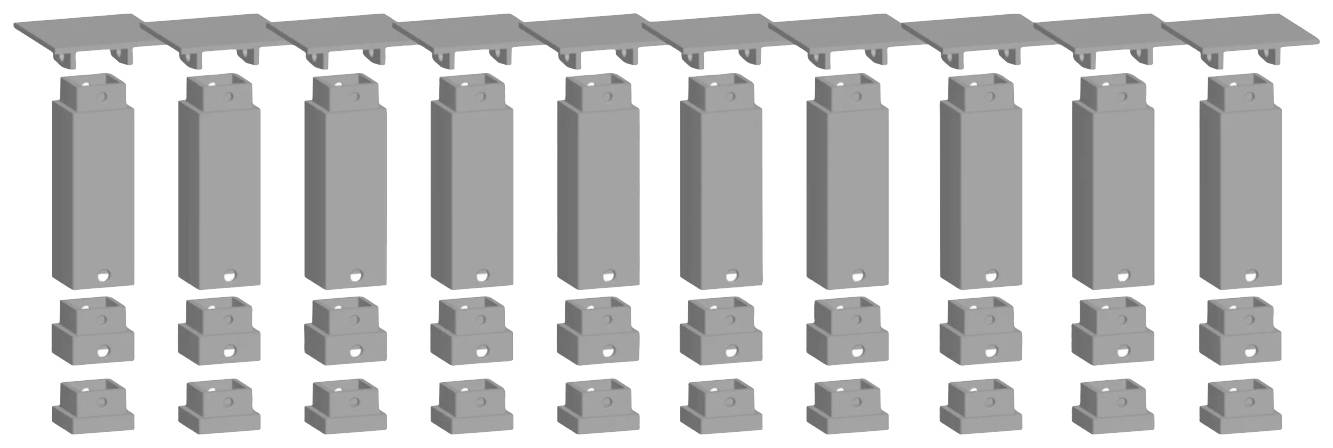 Several grey power strips, each with three socket outlets, arranged evenly in five rows.
