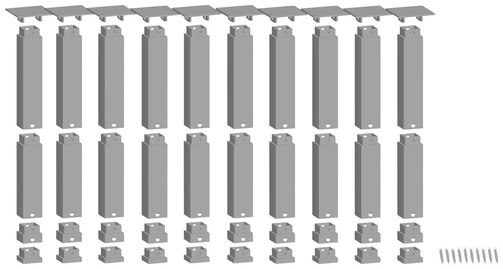 Illustration of mounting materials for a solar system, including numerous mounting brackets, screws, and fixing components in rows.