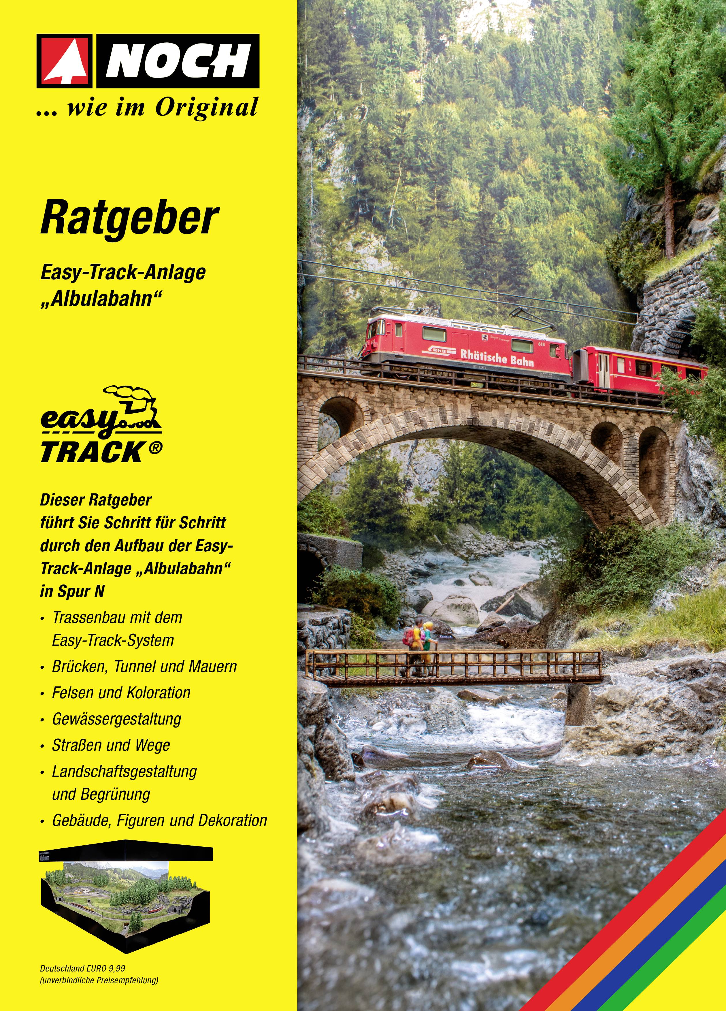 A red train is travelling across a stone bridge in a mountainous landscape. Beside it, text reads: 'Guide to Easy-Track Layout 'Albula Railway'' and additional details.