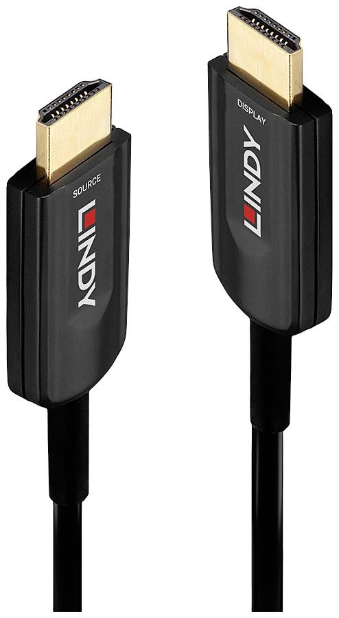 Two black HDMI cables with gold-plated connectors, marked with 'SOURCE' and 'DISPLAY', on a black background.