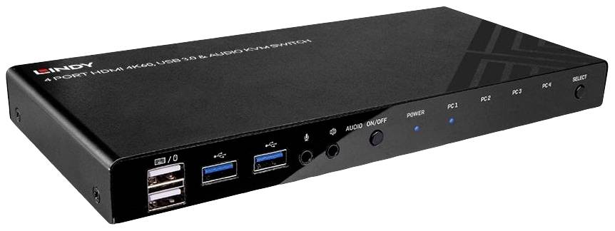 Black HDMI switch with four USB and HDMI ports. Buttons for selecting PC1 to PC4, two audio ports and status indicator lights.