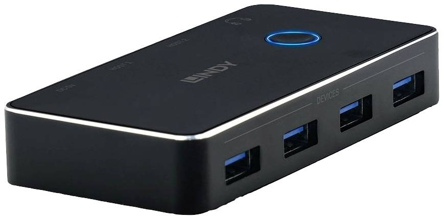 A black USB hub with four blue USB 3.0 ports on the front and an illuminated blue circle on the top surface.