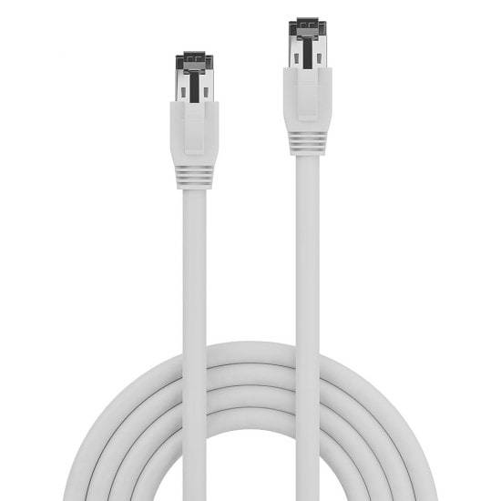 Two white Ethernet cables with RJ45 connectors stand vertically side by side against a white background.
