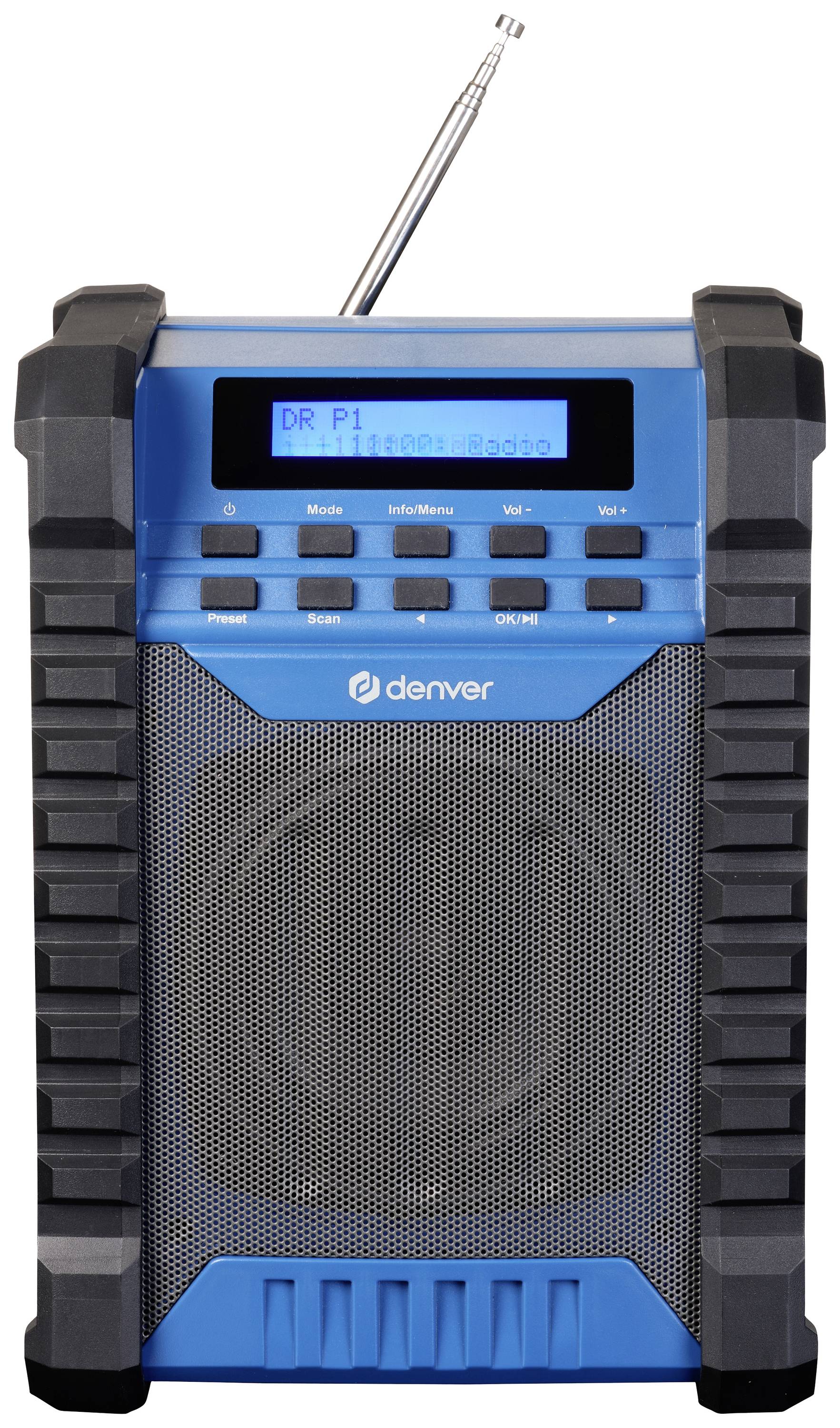 Portable blue radio with buttons for volume, menu, and an extendable antenna. Display shows 'DR P1 Title: Radio'.