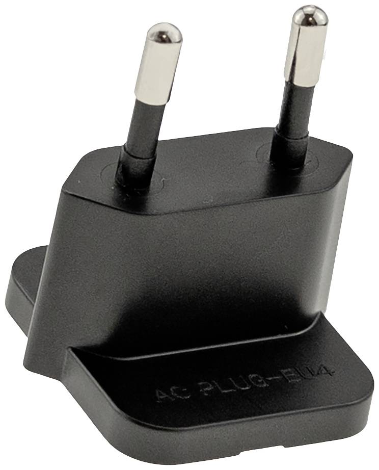 Black, two-pin Euro plug adapter, suitable for electrical devices.