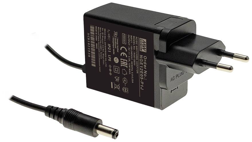 Black power adapter with European plug and small round connector at the cable end, suitable for electronic devices.