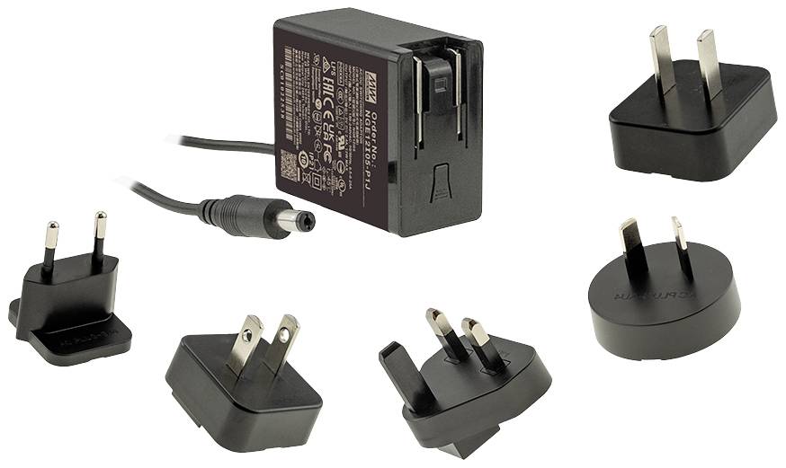 A power supply with interchangeable plugs for various socket standards. Includes EU, US, UK, AU, and CN plugs.