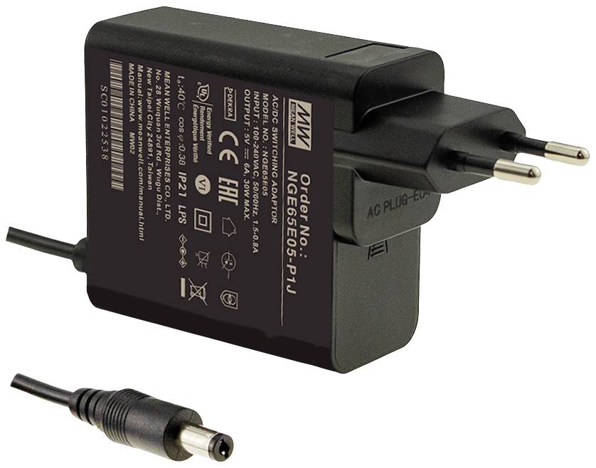 Black power supply with Euro plug and DC output cable. Labels with technical details and safety symbols on the side.