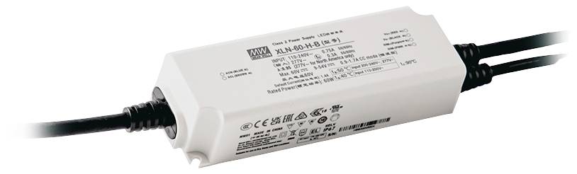 Rectangular power supply enclosure with cable connections at both ends. Printed label displays technical specifications and certifications.