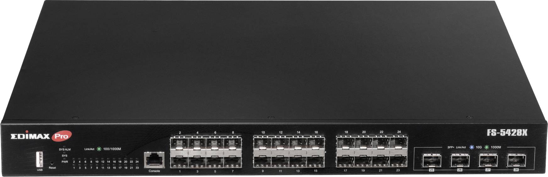 A network switch with multiple Ethernet ports and indicator lights. The model name and manufacturer are visible on the front panel.